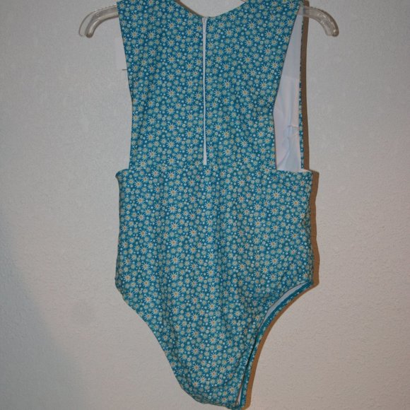 Wenly Zeng Large High Scoop Neck One Pc Swimsuit Back Zipper Blue Flowers Womens - Picture 4 of 13